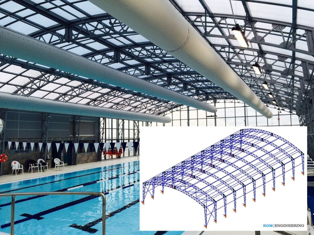 Stalowa konstrukcja budynku pływalni klubu Racquet. Ontario, Kanada. Model analityczny w AxisVM.