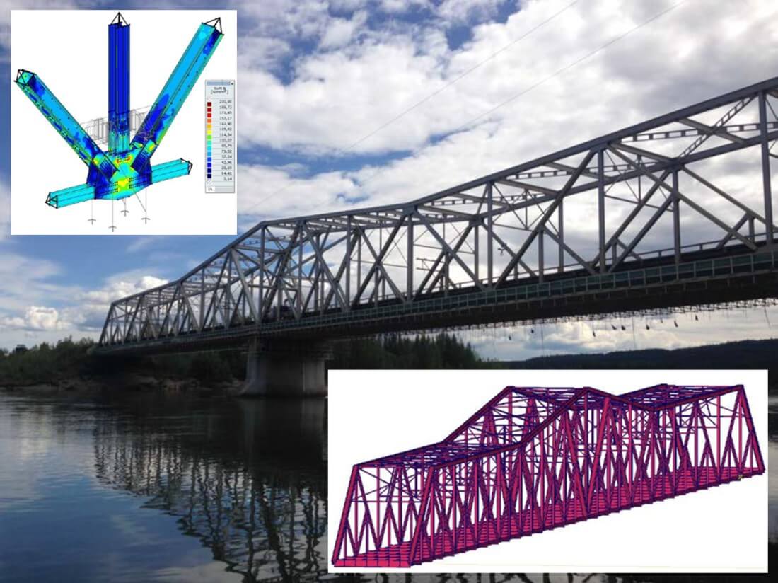 Analiza konstrukcji mostu i jego węzła podporowego. Model węzła z wykorzystaniem elementów powłokowych w AxisVM. Most nad rzeką Liard, terytorium Jukon, Kanada.