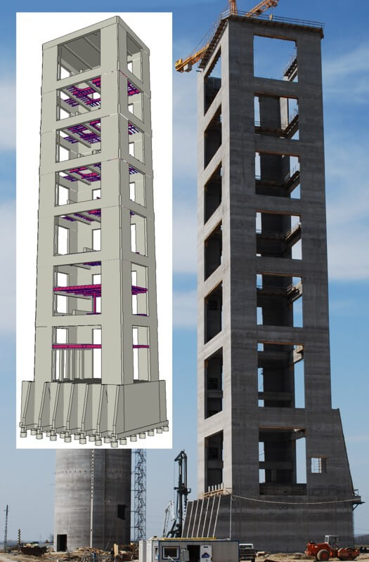 Wieża wymienników ciepła w wytwórni cementu. Model analityczny w AxisVM i zdjęcie z budowy. Királyegyház, Węgry.