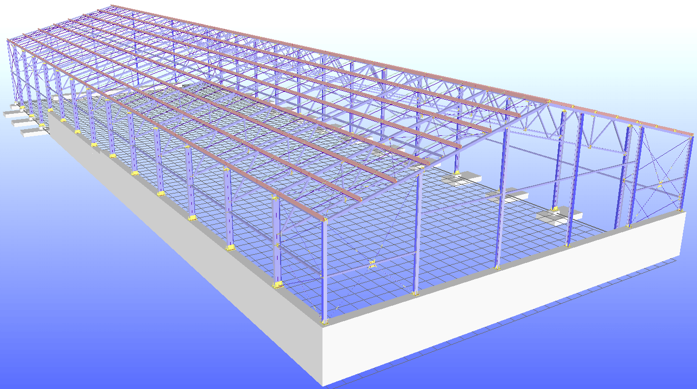 Model 3D hali magazynowej - widok na oczepy ścian oporowych Virtual Steel