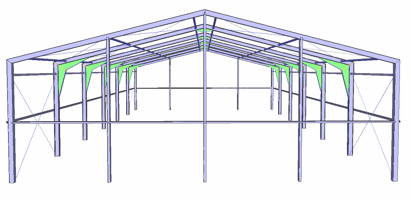 Model 3D konstrukcji stalowej hali sportowej - widok z przodu Virtual Steel